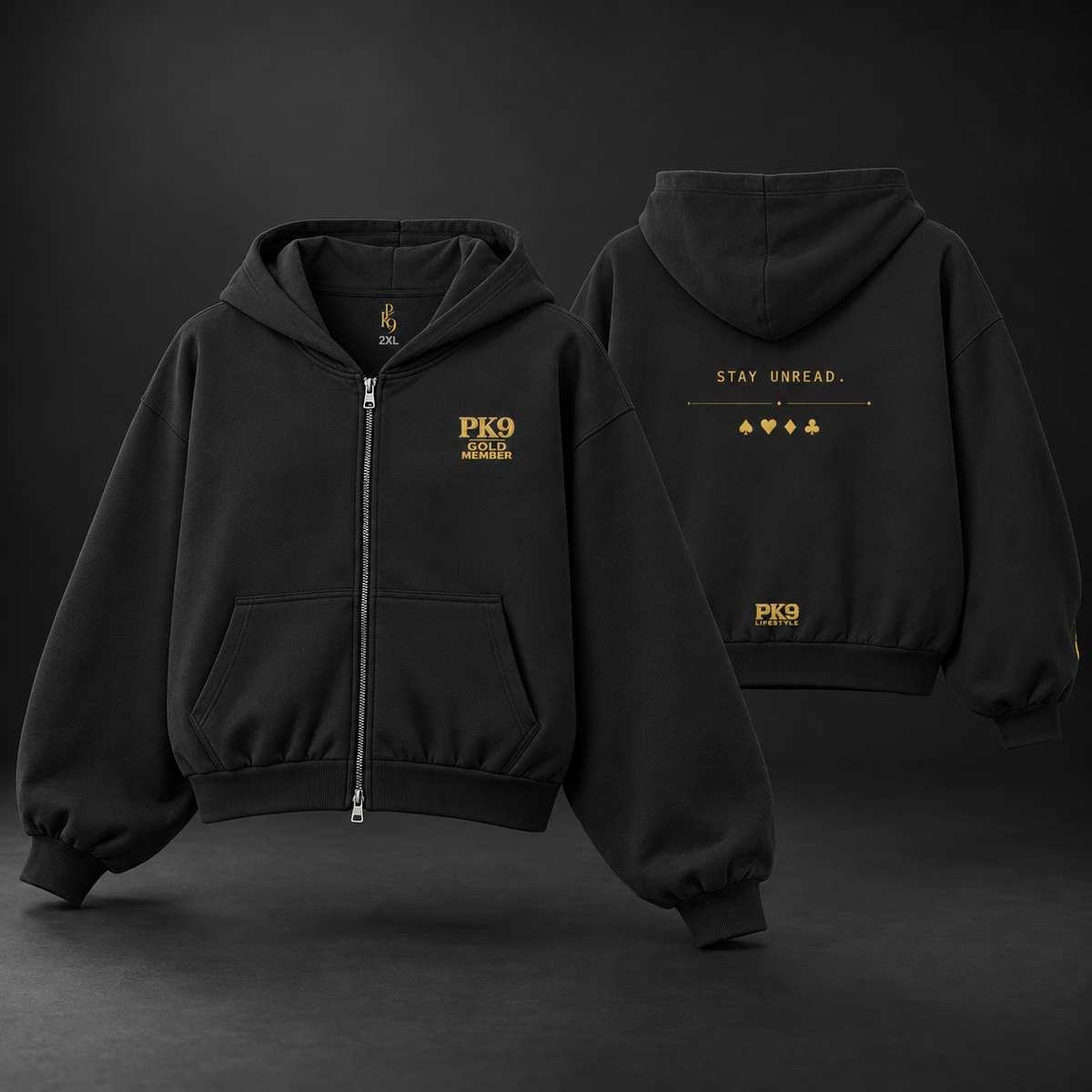 PK9 Gold Member — zipper noir — vue 2, visuel de présentation généré par IA