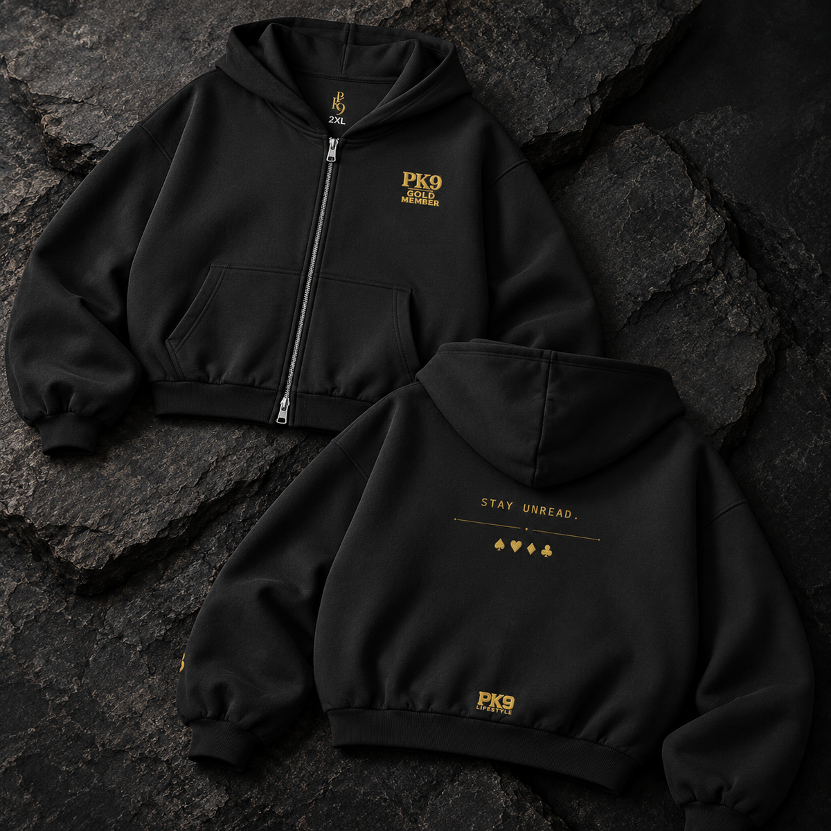PK9 Gold Member — zipper noir — vue 6, visuel de présentation généré par IA