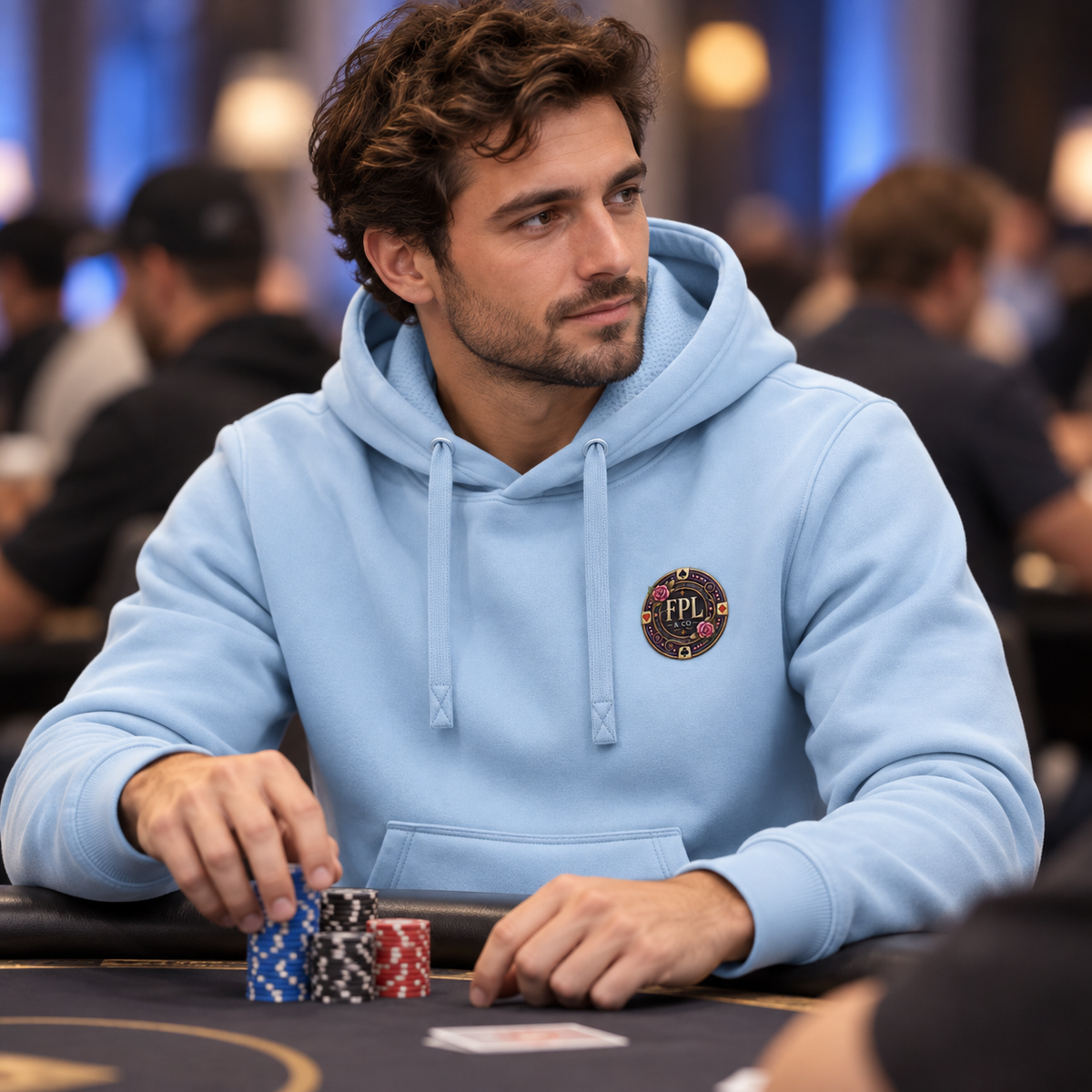 Hoodie Grinder Deluxe FPL × PK9 bleu ciel — visuel e-commerce 10 sur 10