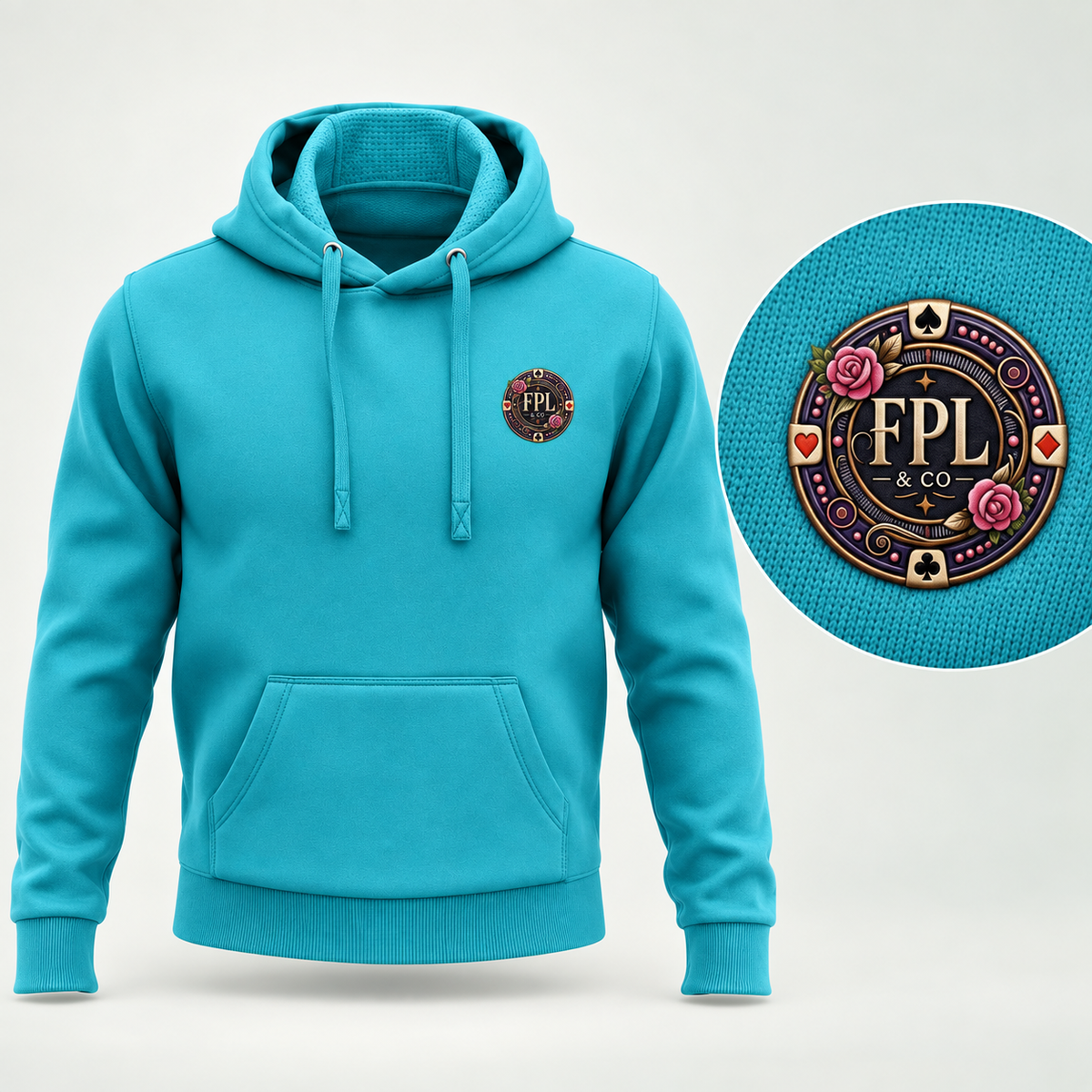Hoodie Grinder Deluxe FPL × PK9 turquoise — visuel e-commerce 8 sur 10
