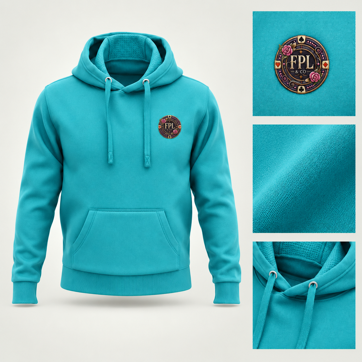 Hoodie Grinder Deluxe FPL × PK9 turquoise — visuel e-commerce 9 sur 10