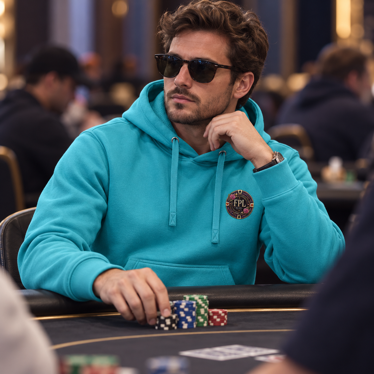 Hoodie Grinder Deluxe FPL × PK9 turquoise — visuel e-commerce 10 sur 10
