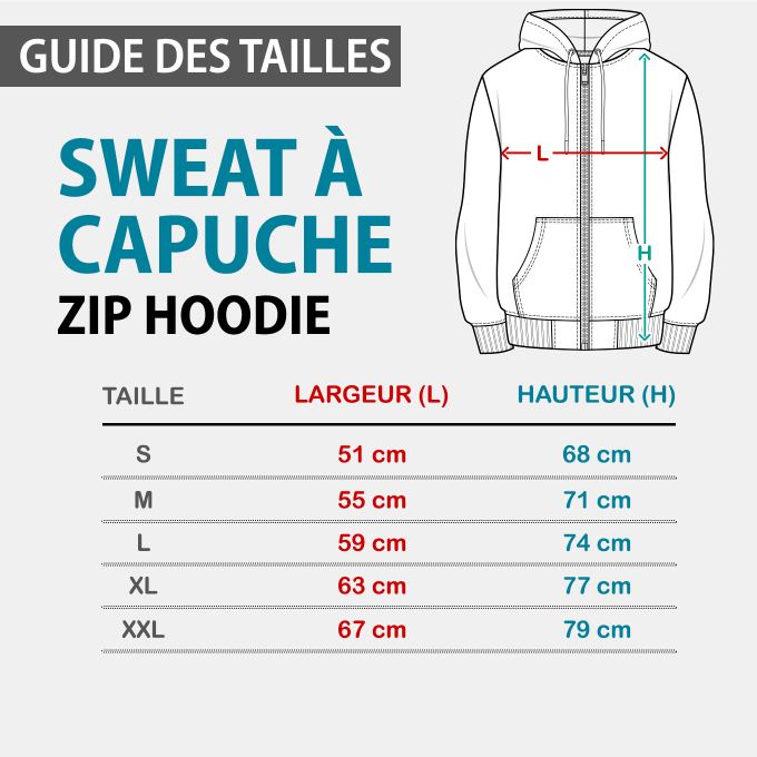 Guide des tailles du sweat zippé Deluxe ADN PK9