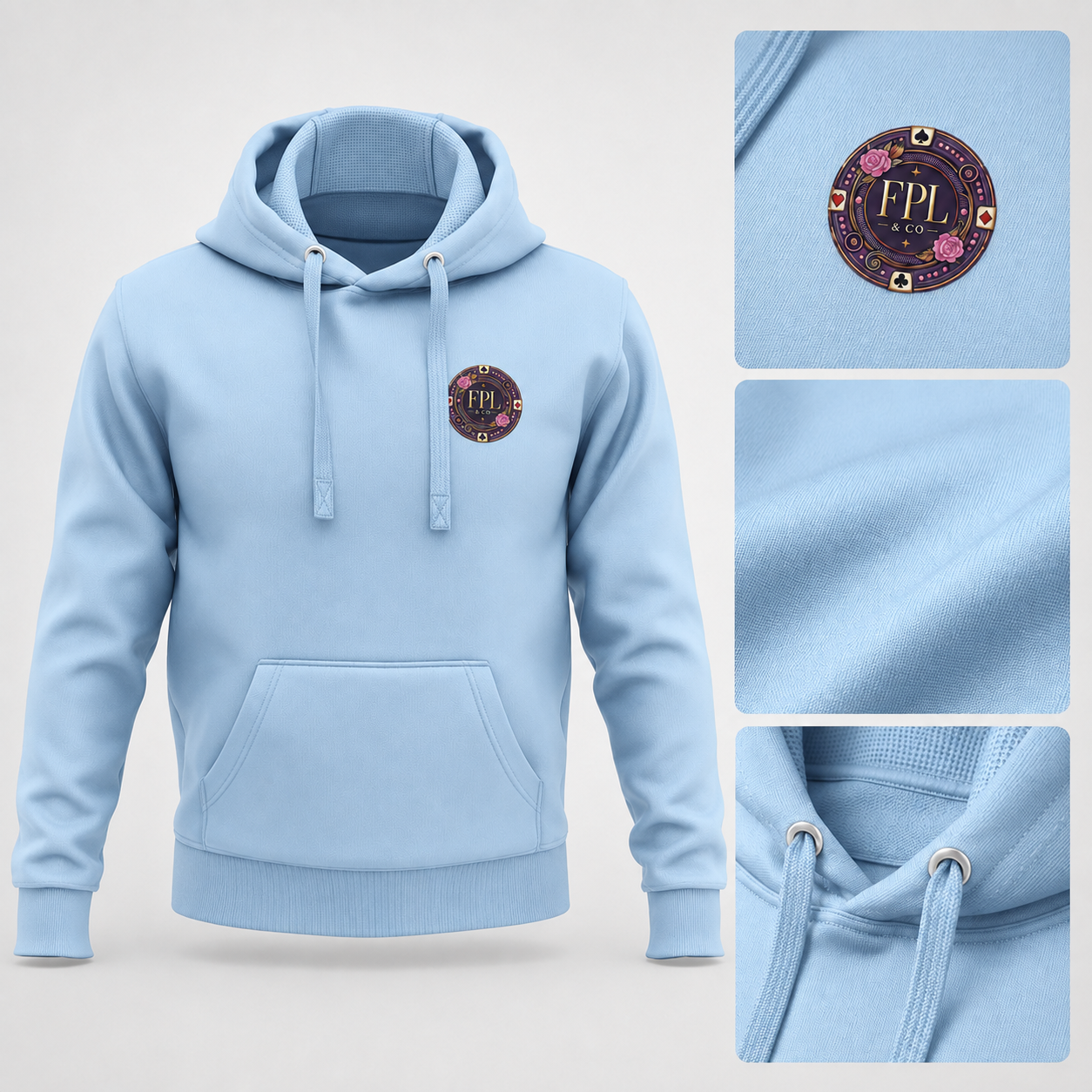 LA ROLLS DES HOODIES FPL × PK9 — Bleu ciel — mockup Deluxe luxe