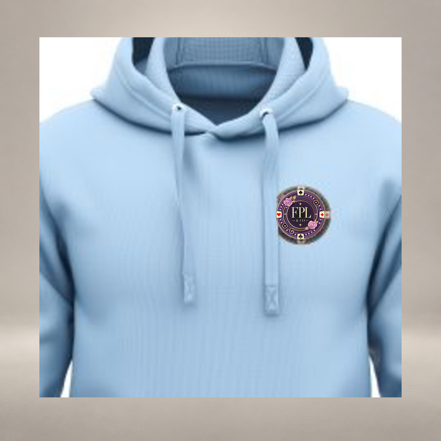 LA ROLLS DES HOODIES FPL — Bleu ciel, détail poitrine, logo FPL exact
