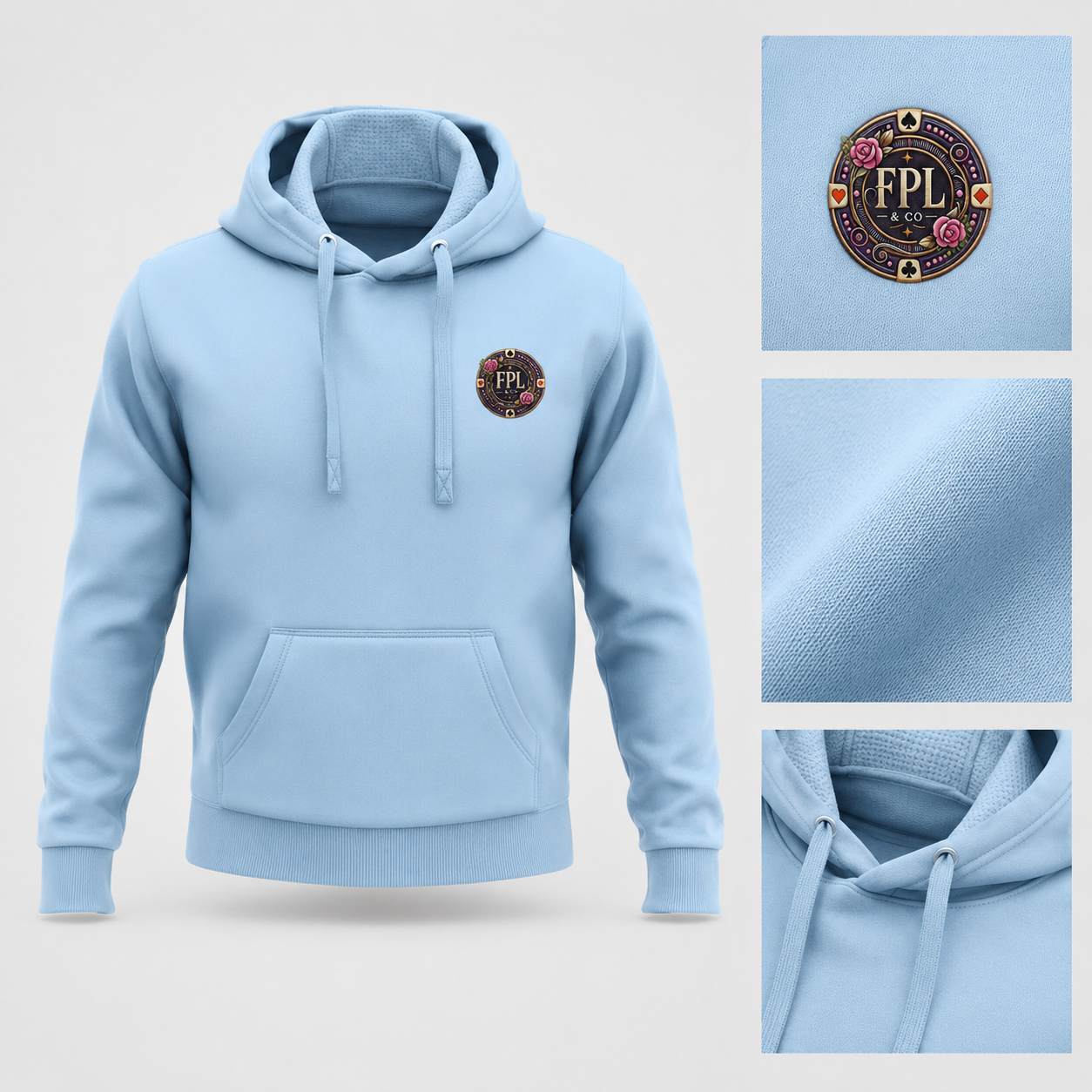 LA ROLLS DES HOODIES — FPL × PK9 — Bleu ciel — mockup luxe et détails