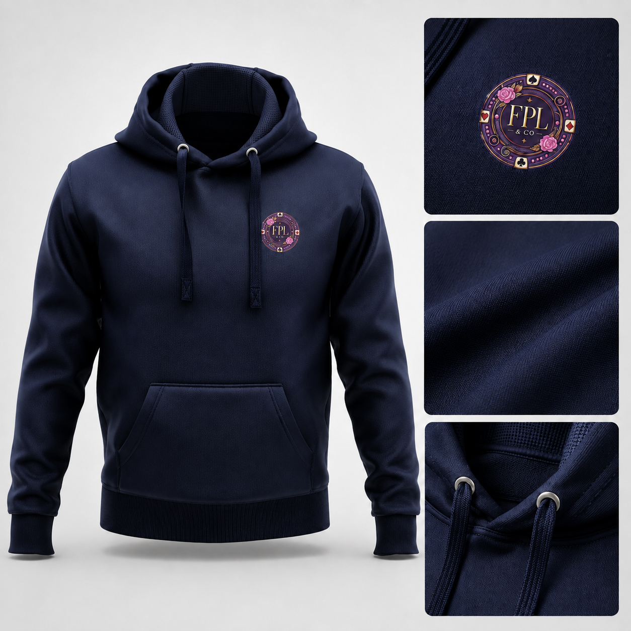 LA ROLLS DES HOODIES FPL × PK9 — Bleu nuit — mockup Deluxe luxe