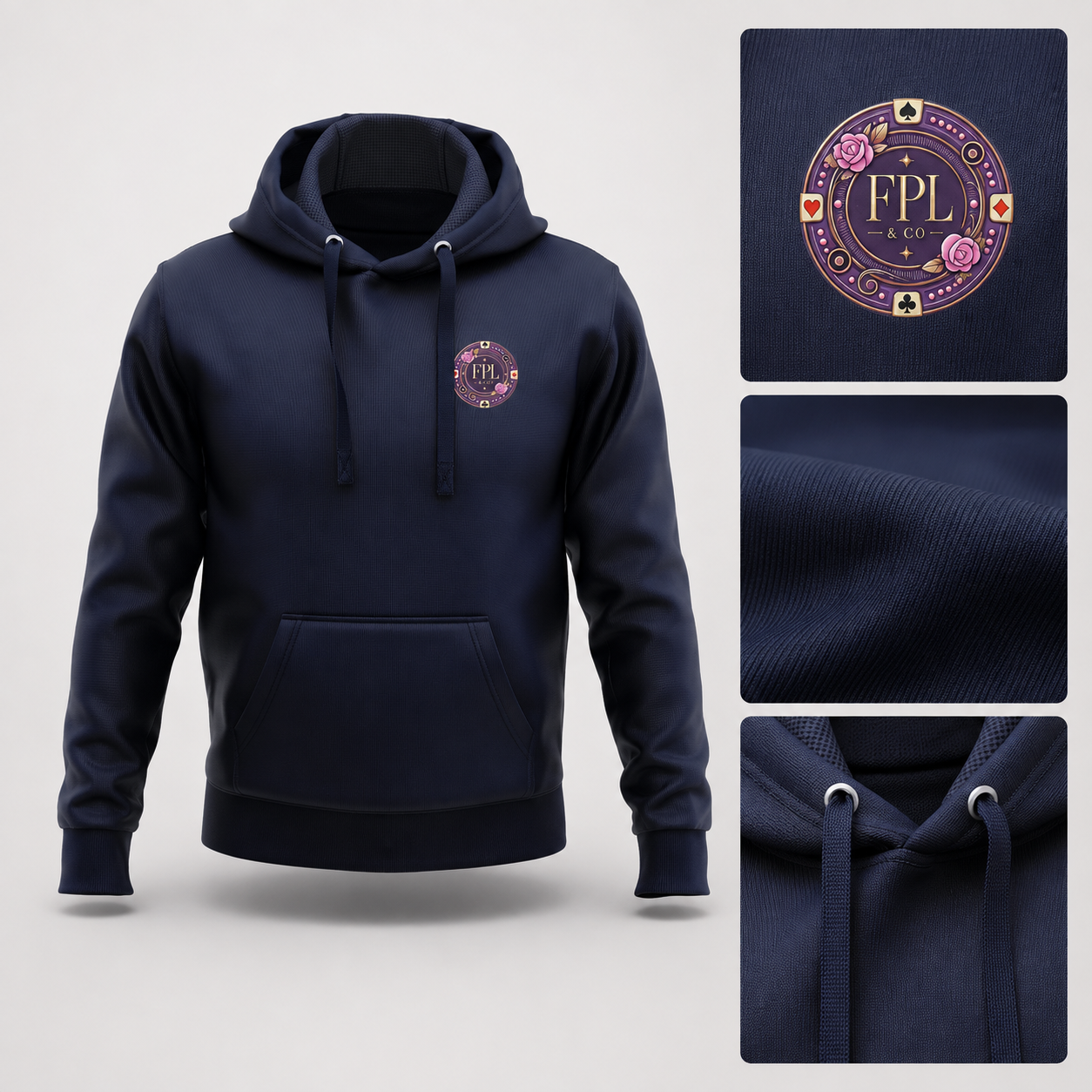 LA ROLLS DES HOODIES — FPL × PK9 — Bleu nuit — mockup luxe et détails