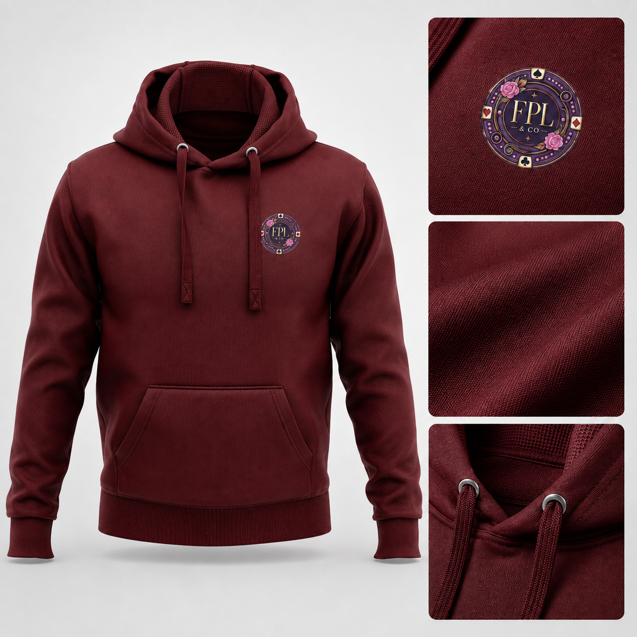 LA ROLLS DES HOODIES FPL × PK9 — Bordeaux — mockup Deluxe luxe
