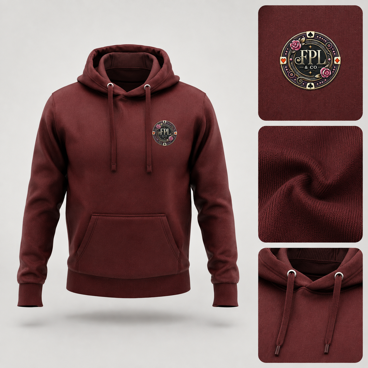 LA ROLLS DES HOODIES — FPL × PK9 — Bordeaux — mockup luxe et détails