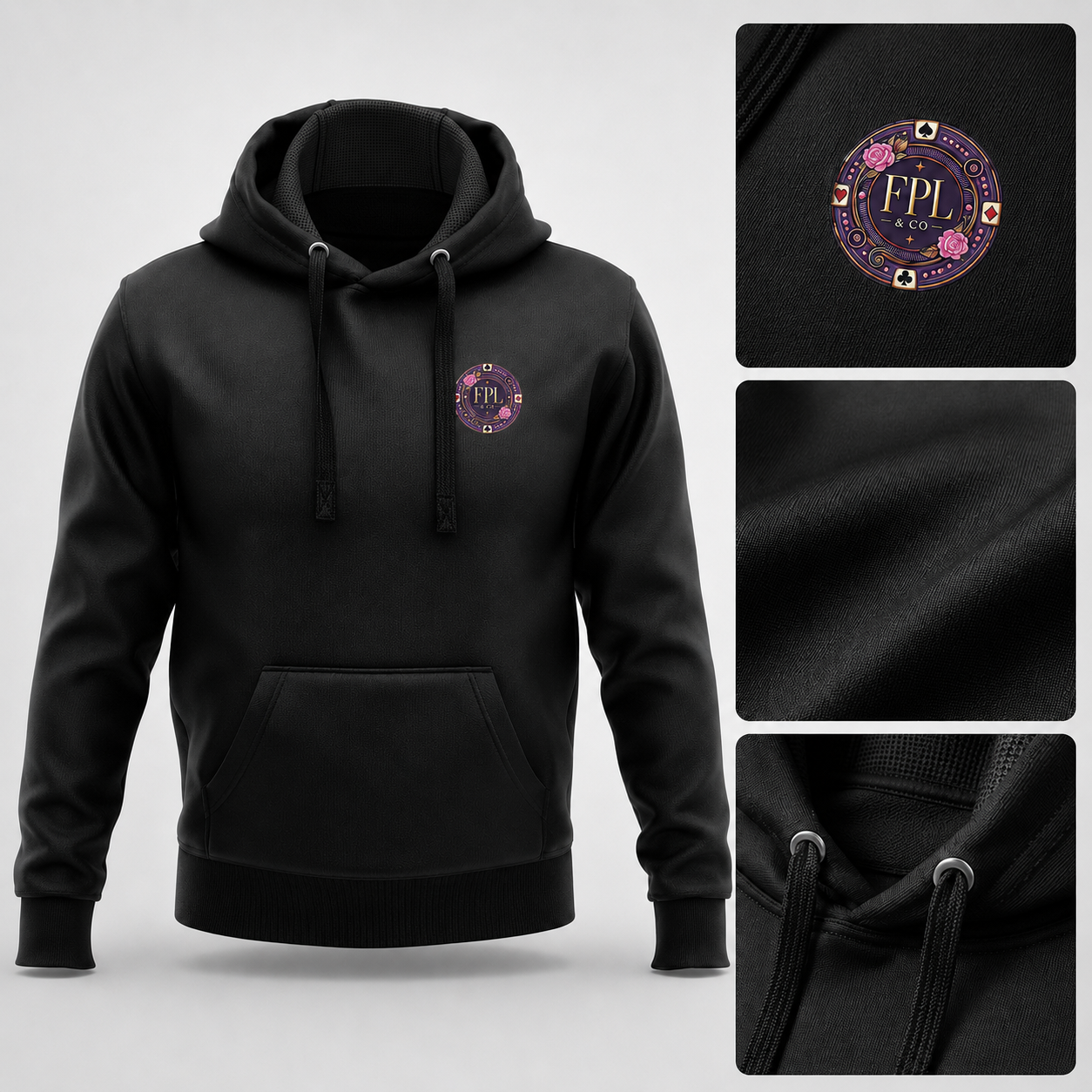 LA ROLLS DES HOODIES FPL × PK9 — Noir — mockup Deluxe luxe