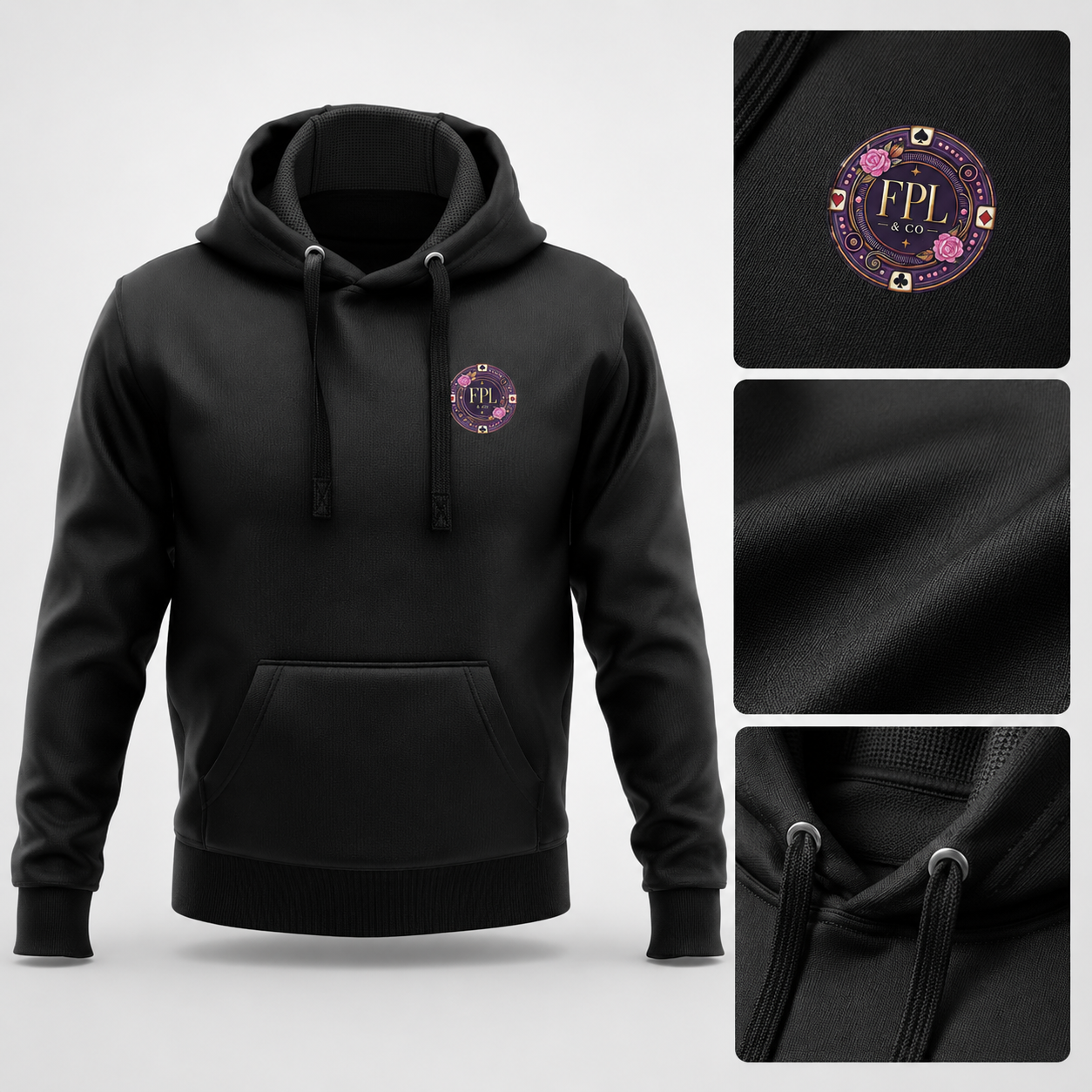 LA ROLLS DES HOODIES — FPL × PK9 — Noir — mockup luxe et détails