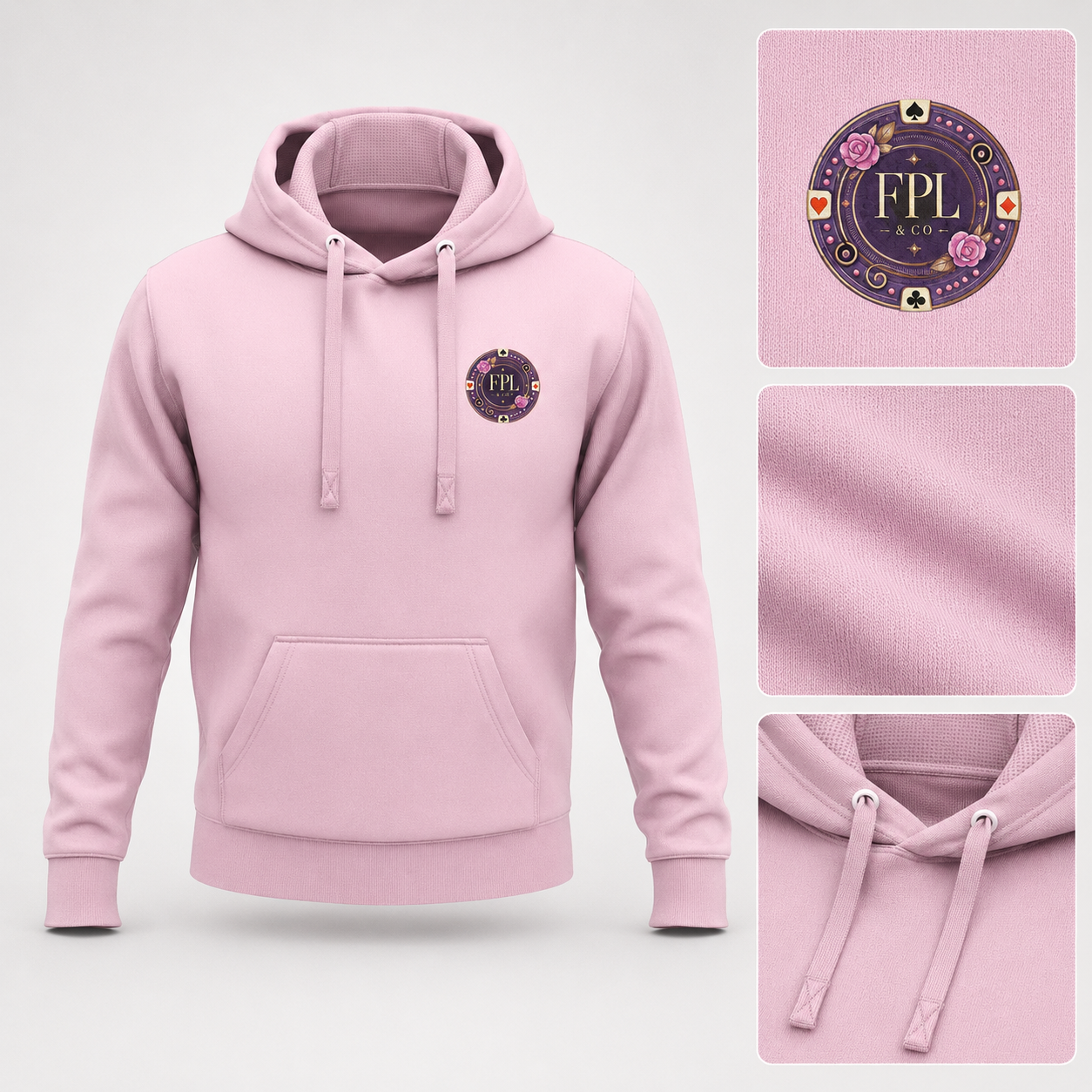 LA ROLLS DES HOODIES — FPL × PK9 — Rose poudré — mockup luxe et détails