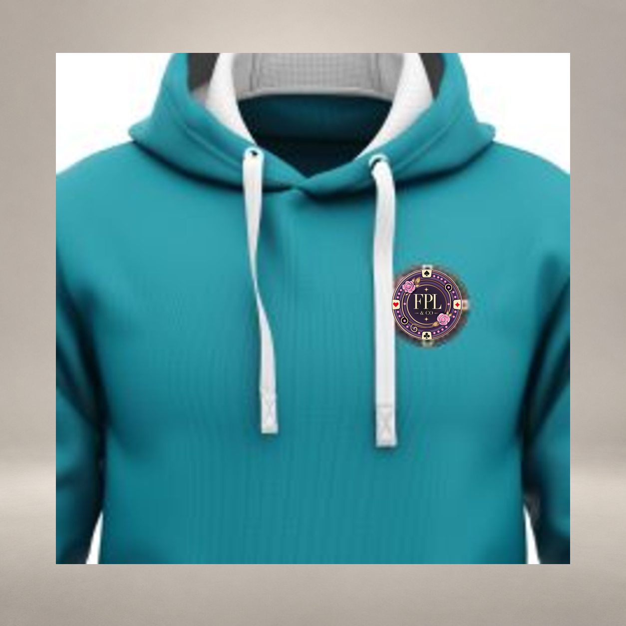LA ROLLS DES HOODIES FPL — Turquoise, détail poitrine, logo FPL exact