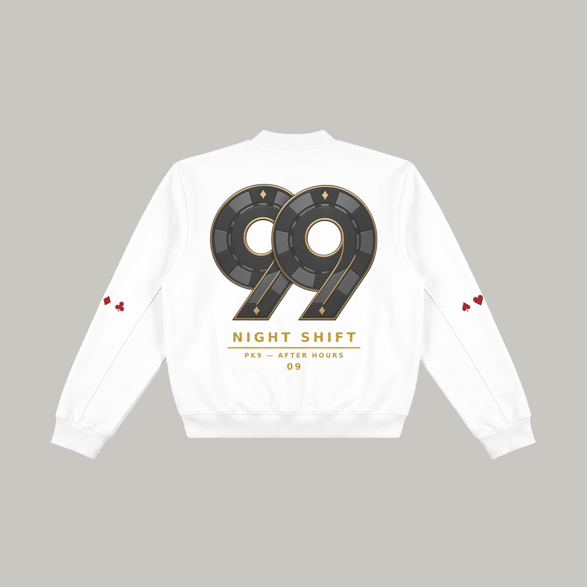 Bomber PK9 Night Shift 09 blanc — seconde vue de dos sur fond Gold mat