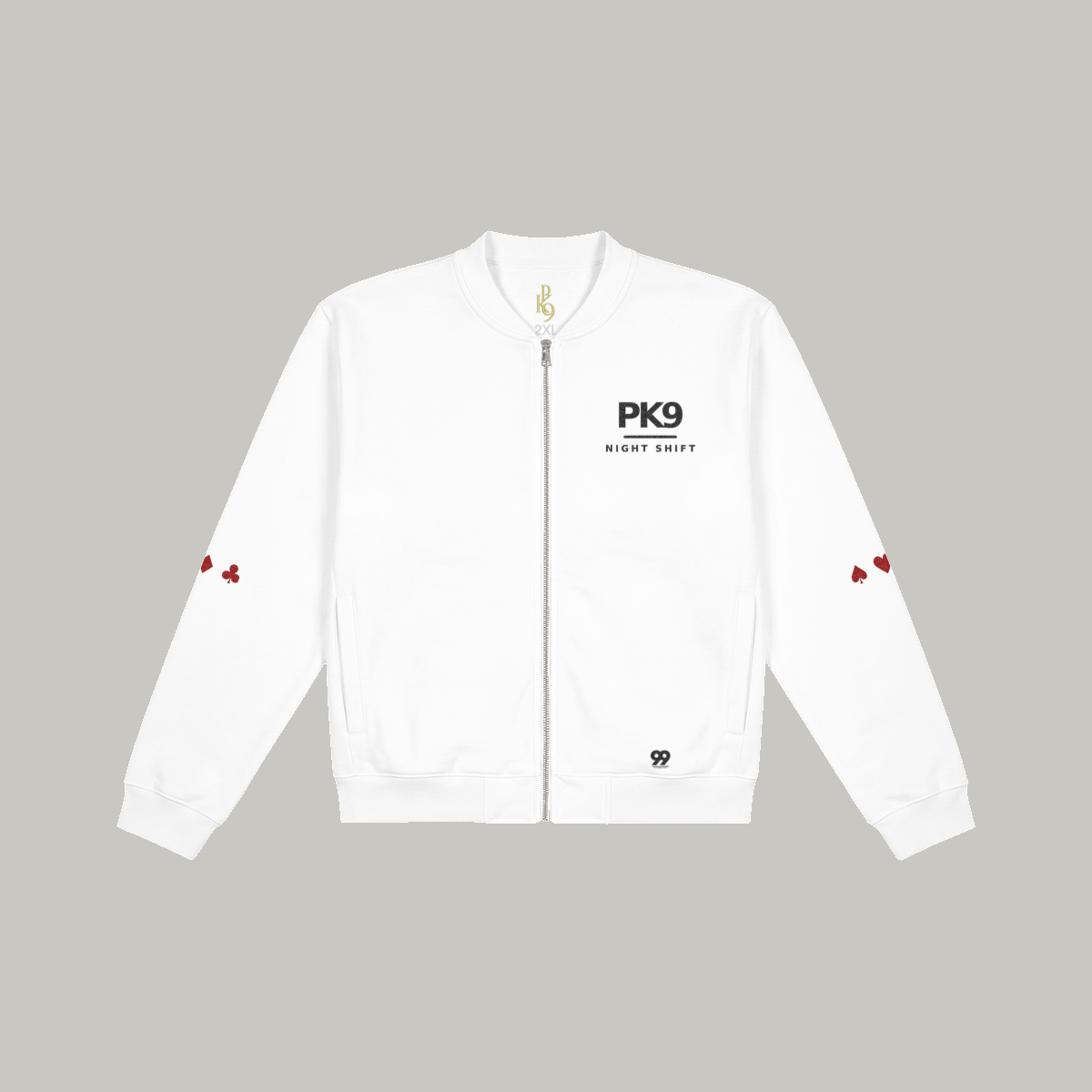 Bomber PK9 Night Shift 09 blanc — vue de face sur fond Gold mat