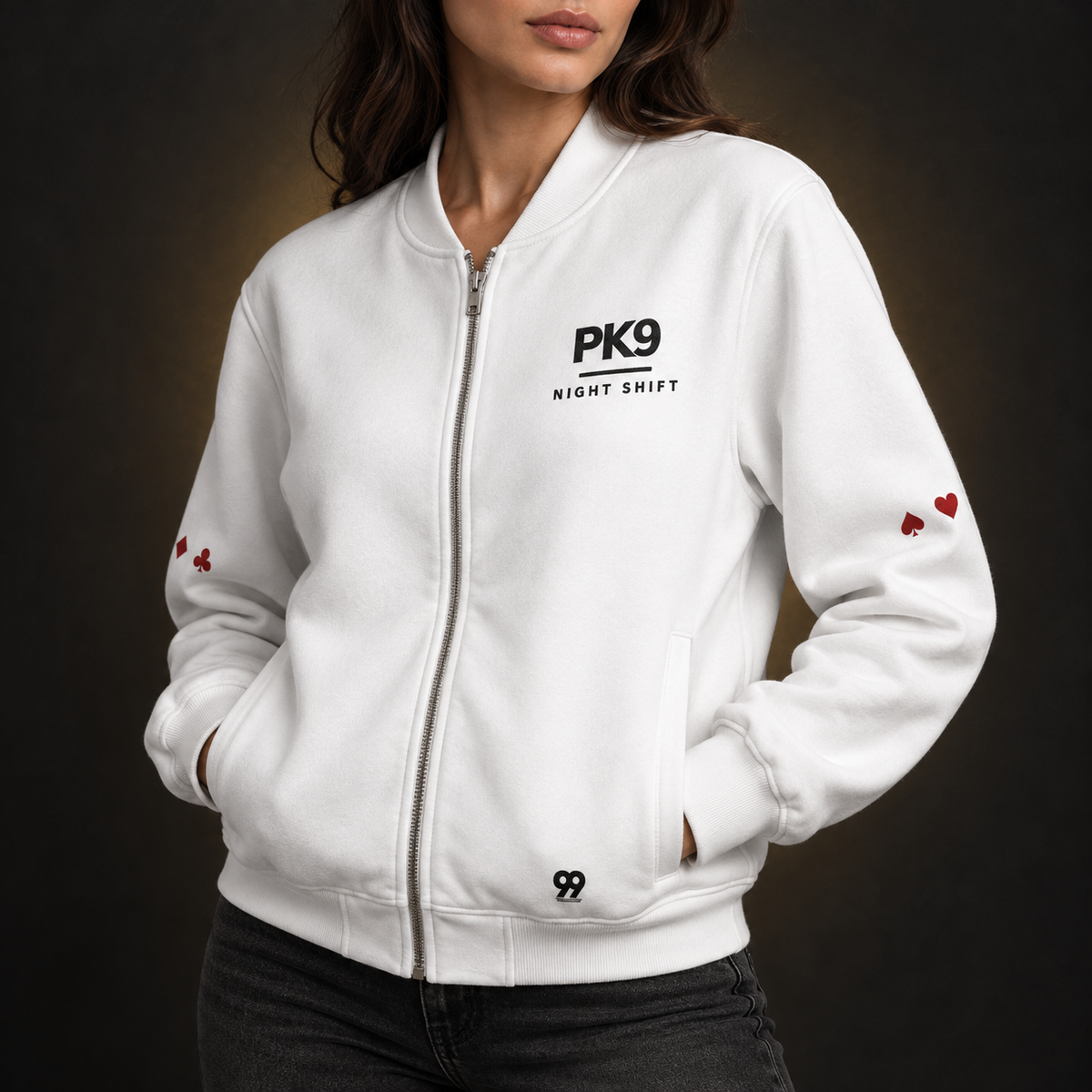 Bomber PK9 Night Shift 09 blanc — détails poitrine, zip et manches
