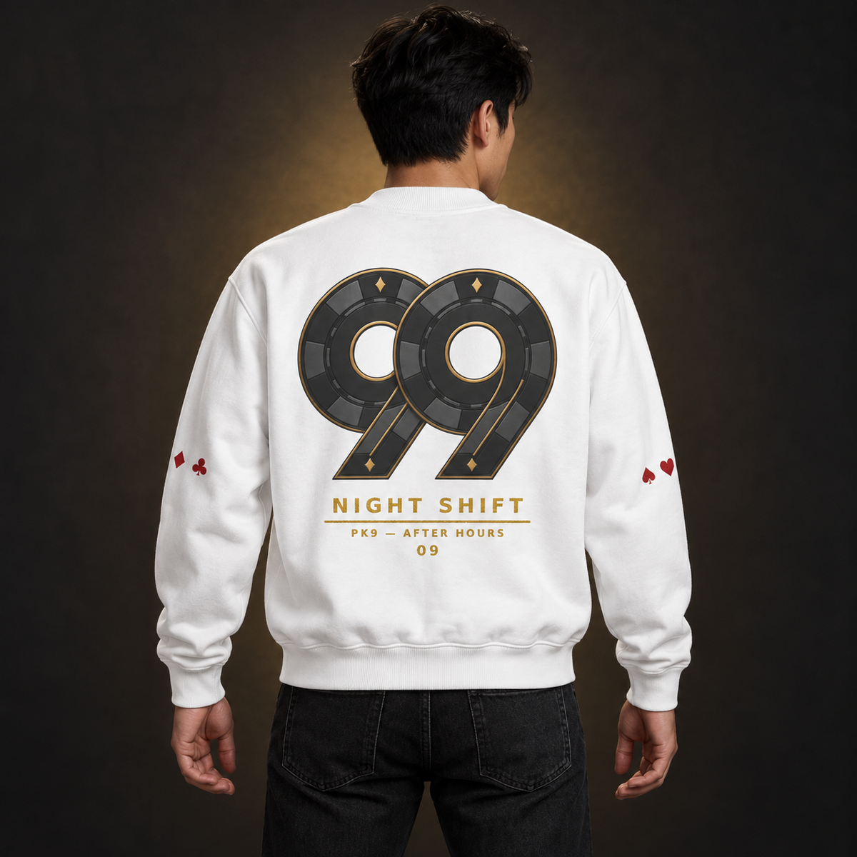 Bomber PK9 Night Shift 09 blanc porté par un homme — motif dos