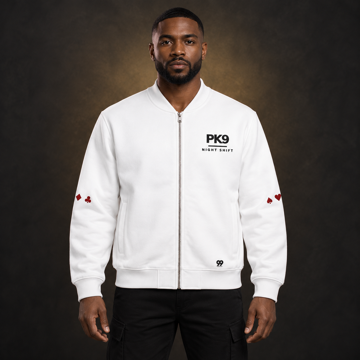 Bomber PK9 Night Shift 09 blanc porté par un homme — vue de face