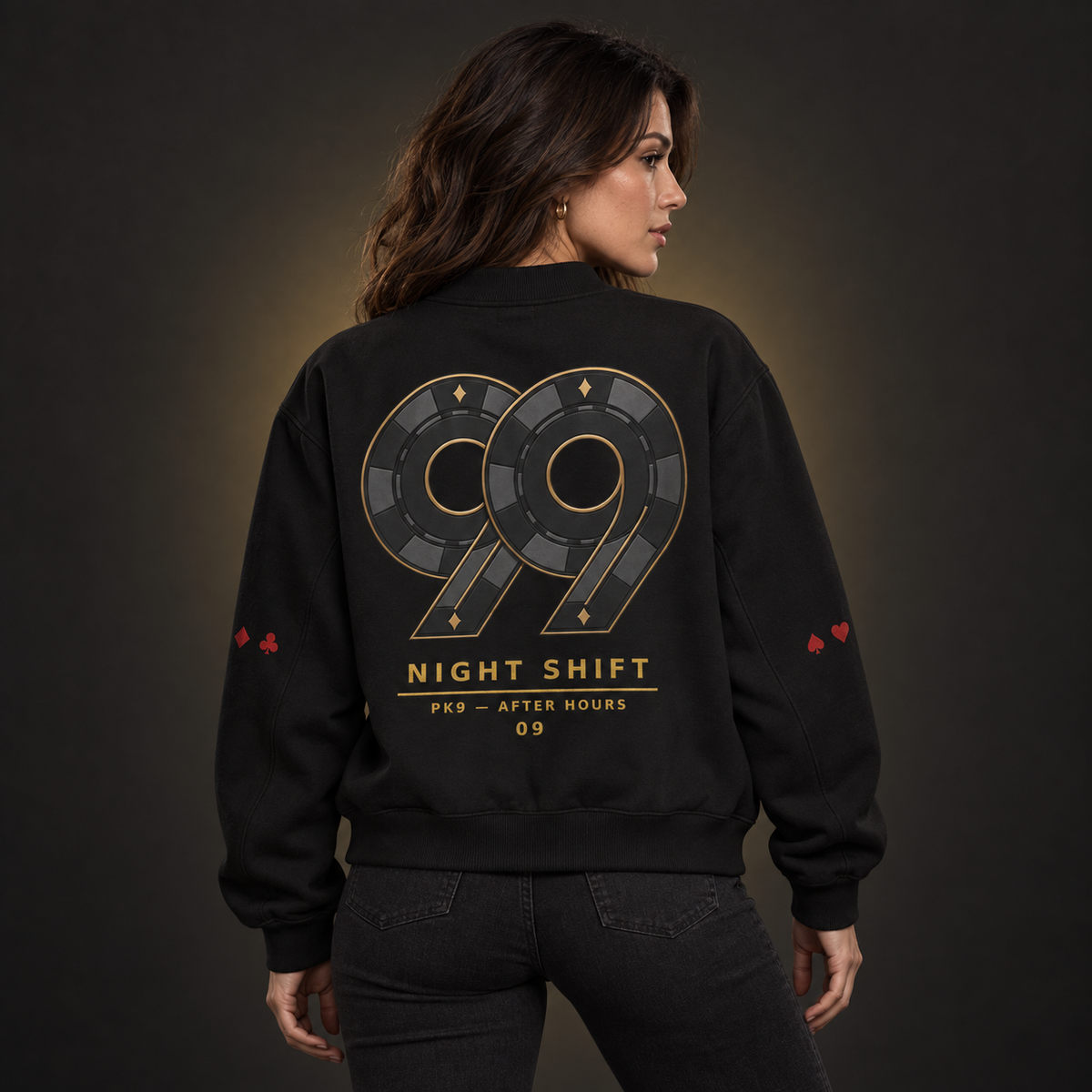 Bomber PK9 Night Shift 09 noir porté par une femme — motif dos