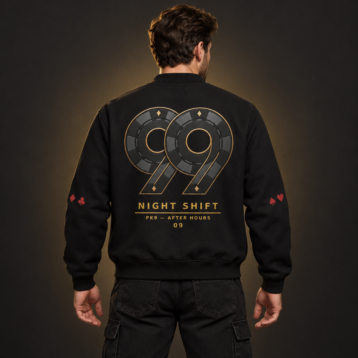 Bomber PK9 Night Shift 09 noir porté par un homme — motif dos