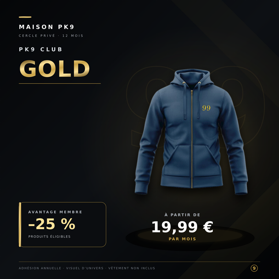 PK9 Club Gold — hoodie zipper Deluxe distinct, adhésion annuelle et remise de 25 %
