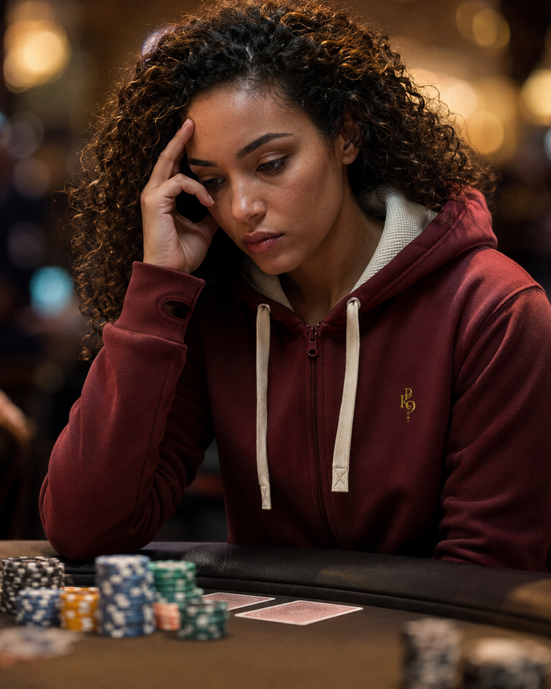 Joueuse concentrée portant le Zipper Deluxe High Roller bordeaux PK9