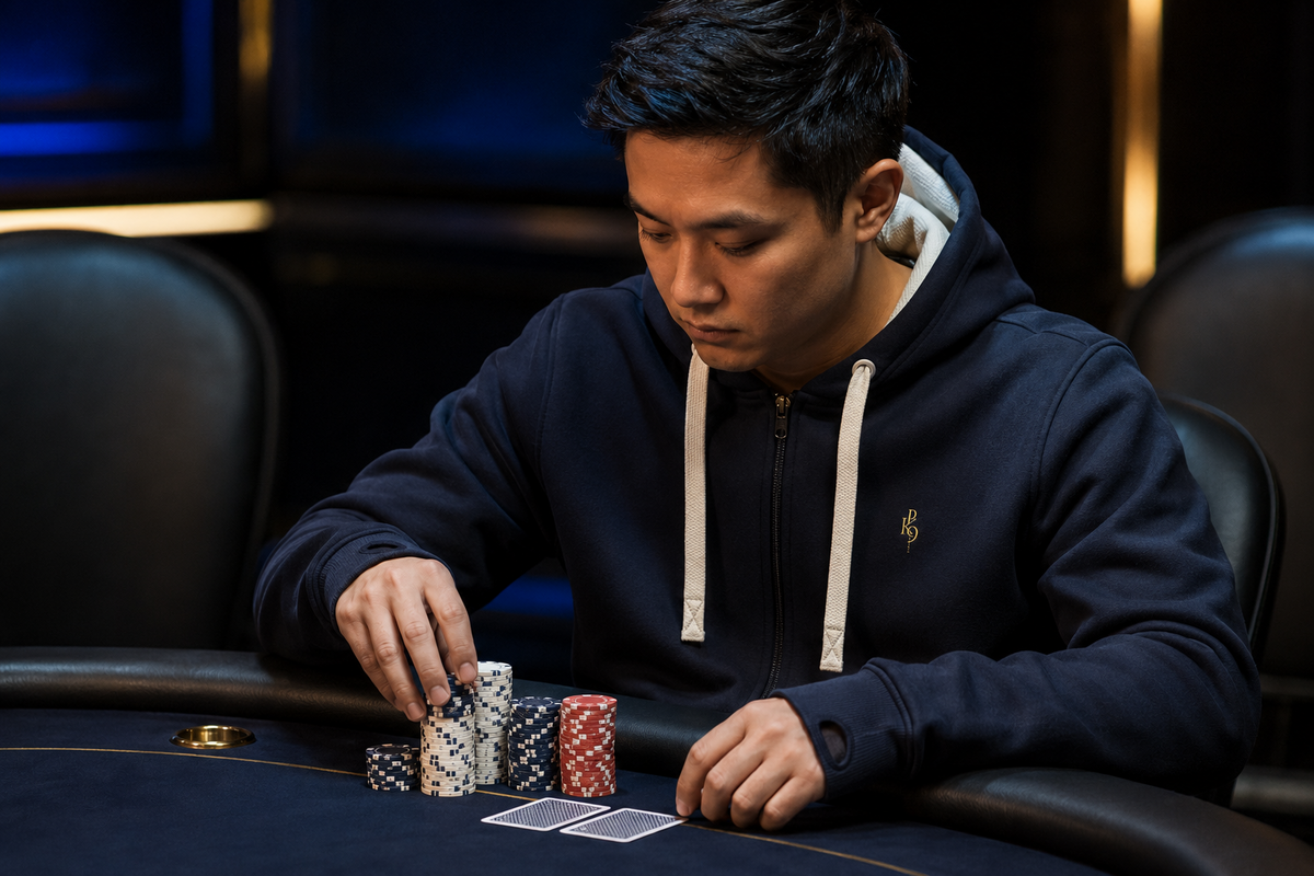 Joueur de poker portant le Zipper Deluxe High Roller bleu marine PK9