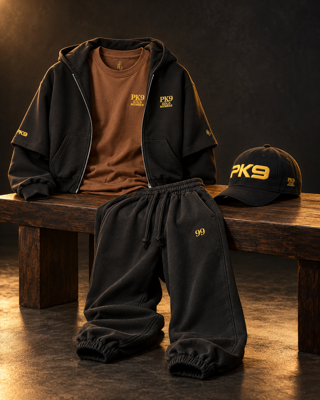 Outfit intégral PK9 Gold Member — quatre pièces — vue 4, mise en scène générée par IA