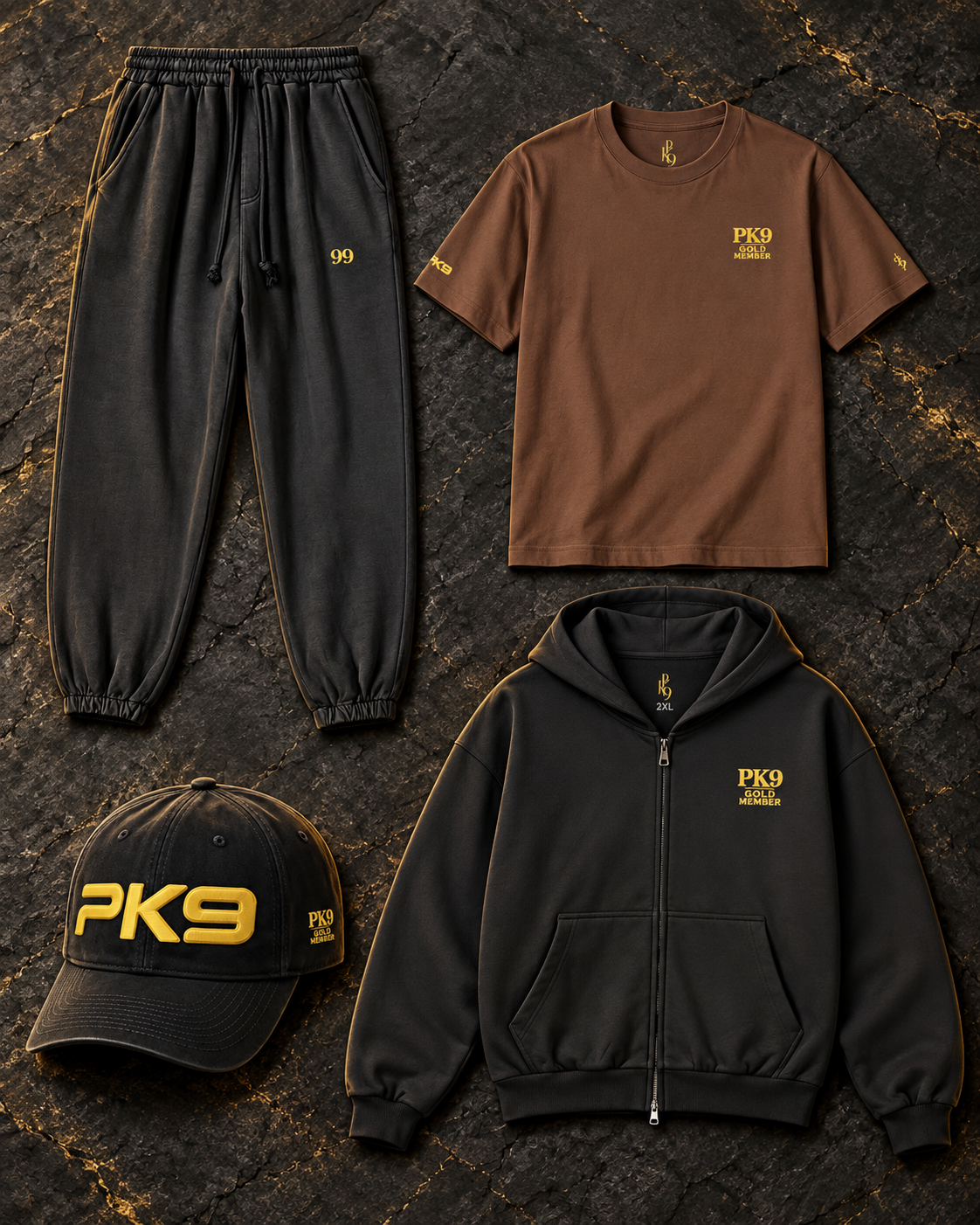 Outfit intégral PK9 Gold Member — quatre pièces — mise en scène générée par IA