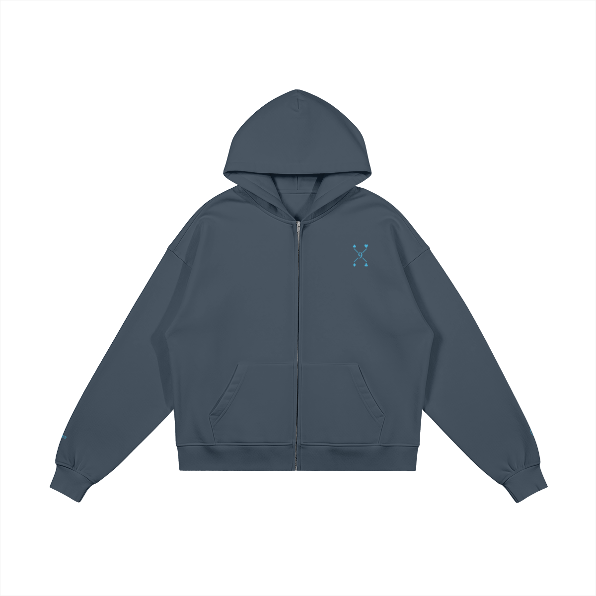 Private Table 09 Grey Blue – vue produit face, capuche déployée