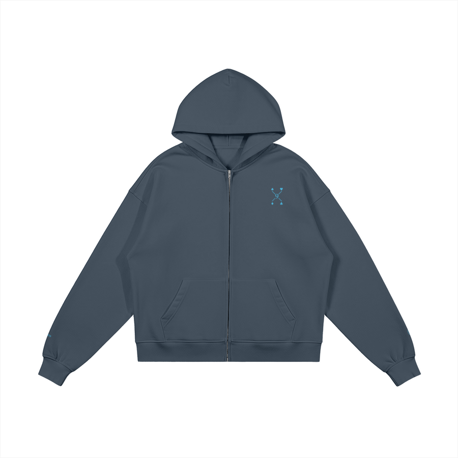 Private Table 09 Grey Blue – vue produit face, capuche déployée
