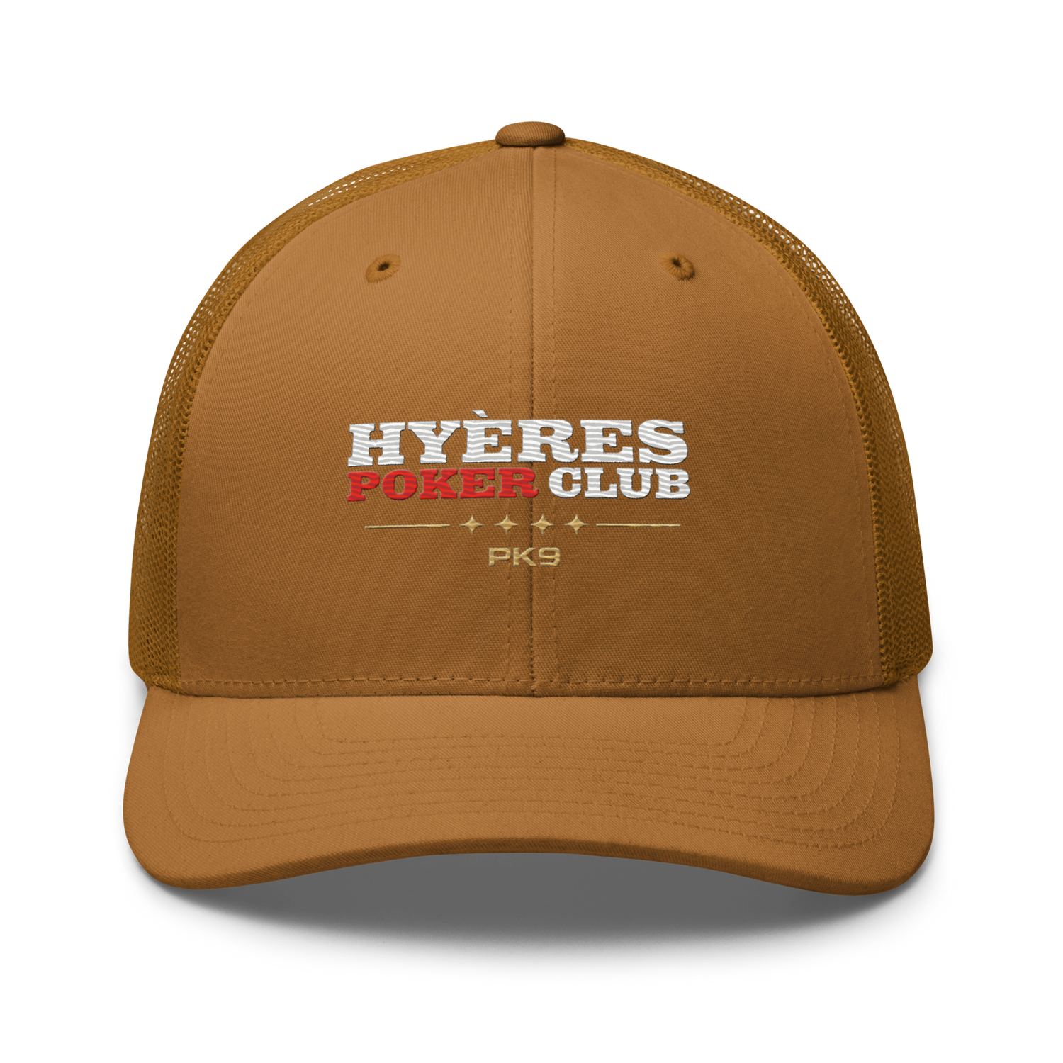 Casquette Hyères Poker Club — Riviera Trucker — Caramel — Product mockup