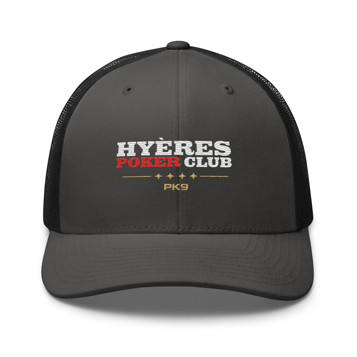 Casquette Hyères Poker Club — Riviera Trucker — Charcoal/ Black — Product mockup