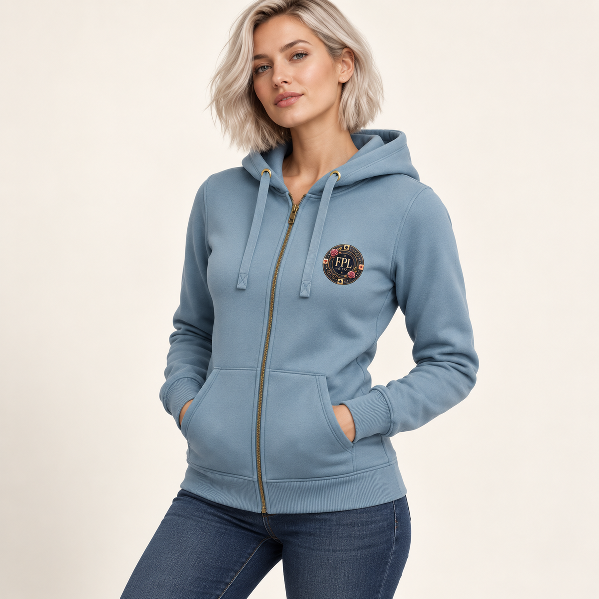 Zipper Deluxe FPL × PK9 — Bleu glacier — porté femme trois-quarts