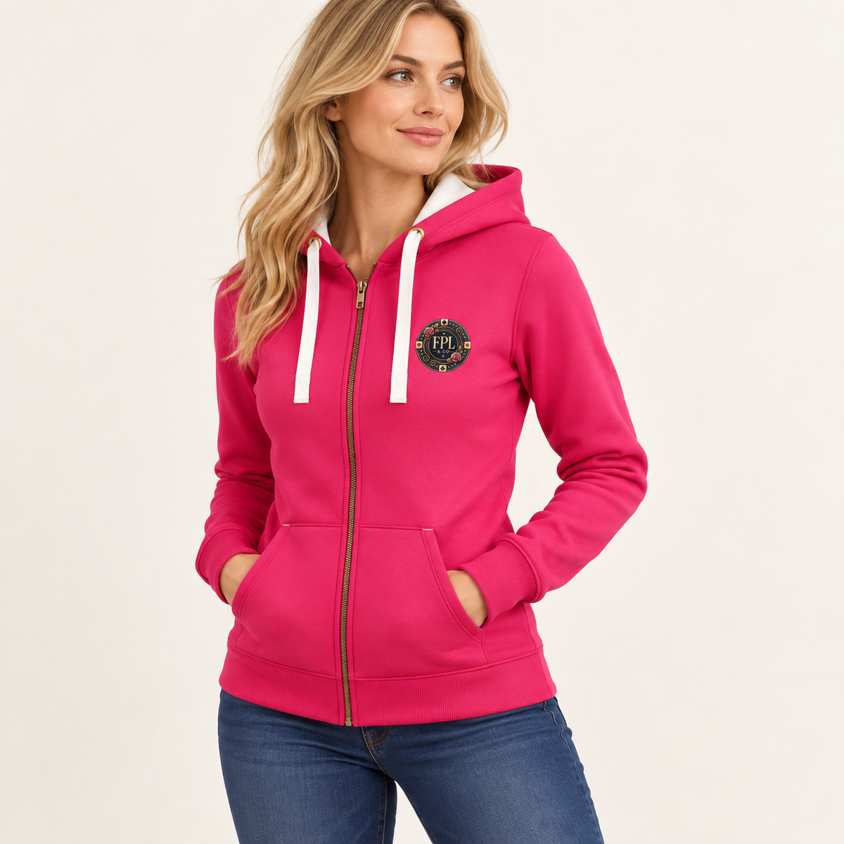 Zipper Deluxe FPL × PK9 — Rose intense — porté femme trois-quarts