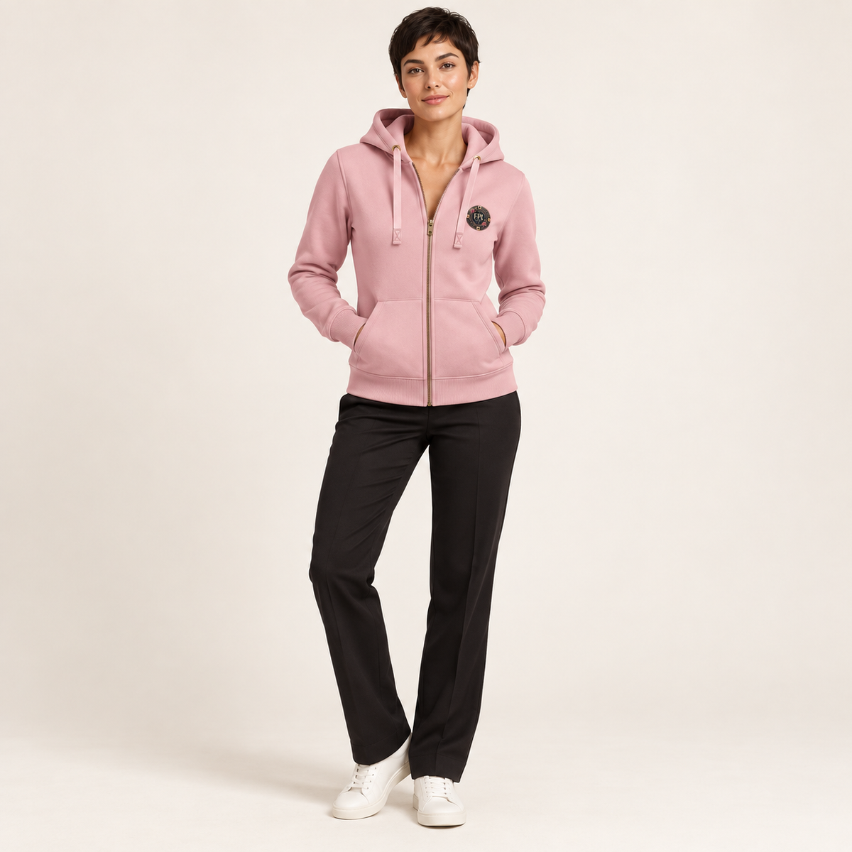 Zipper Deluxe FPL × PK9 — Rose poudré — porté femme face