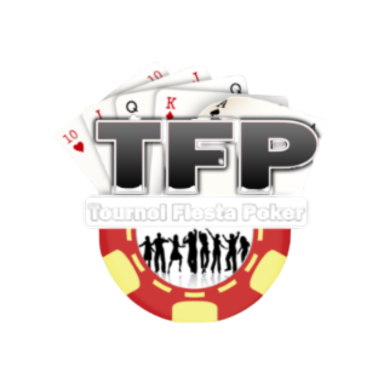 Fiesta Poker Logo de TFP avec des jetons de poker et des silhouettes de joueurs.
