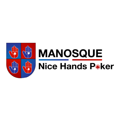 Logo de Nice Hands Poker avec écusson et mains stylisées.