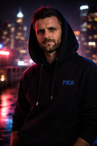Homme souriant portant un sweat à capuche noir, avec des lumières urbaines en arrière-plan.